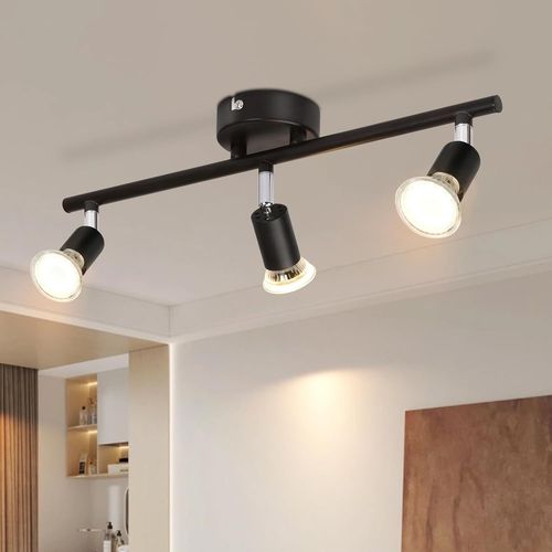 KAL-Plafonnier Led 3 Spot Gu10 - Éclairage Plafond Noir Luminaire Spot Orientable Lampe Industrielle Plafonnier Intérieur Moderne Chambre Cuisine Salon, Sans Ampoule