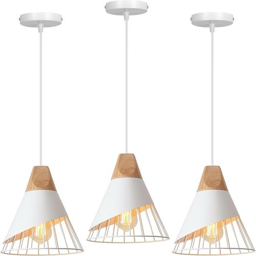 Kal-Suspension Luminaire Moderne Industrielle Bois Lustre Abat-Jour Métal Vintage Forme Cage Ø25cm Plafonnier E27 Design Pour Cuisine Chambre Salon (Blanc-3pcs)