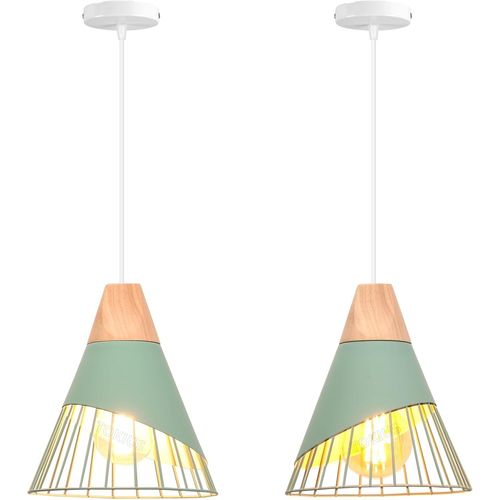 Kal-2 Packs Suspensions Luminaires Modernes Industrielles Bois Lustre Abat-Jour Métal Vintage Forme Cage Ø25cm Plafonnier E27 Design Pour Cuisine Chambre Salon (Vert-2pcs)