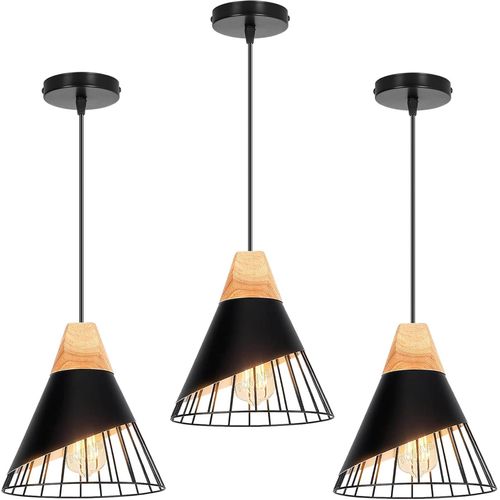 Kal-Suspension Luminaire Moderne Industrielle Bois Lustre Abat-Jour Métal Vintage Forme Cage Ø25cm Plafonnier E27 Design Pour Cuisine Chambre Salon (Noir-3pcs)