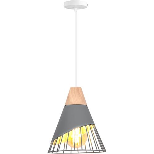 Kal-Suspension Luminaire Moderne Industrielle Bois Lustre Abat-Jour Métal Vintage Forme Cage Ø25cm Plafonnier E27 Design Pour Cuisine Chambre Salon (Gris-1pcs)