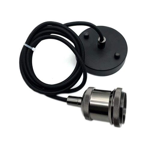 Kal-Suspension Vintage Style Industriel Rétro E27 Noir Chromé Avec Câble Flexible Tressé Noir 150 Cm