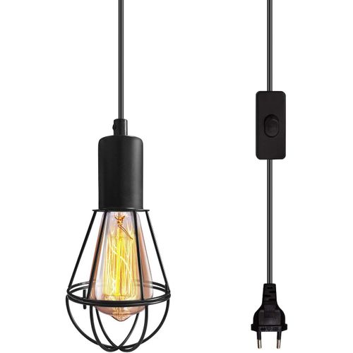 Kal-Suspension Luminaire Industrielle Luminaire Plafonnier Industriel Lustre Industriel Vintage Noir Lampe Cage,4.5m Cable Avec Interrupteur,Douille E26/E27 Lustre Avec Prise Pour Cuisine Bar Café(4.