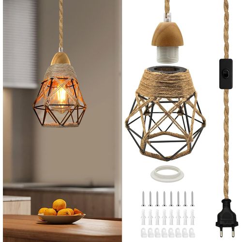 Kal-Support Ampoule E27 Avec Prise, Lustre Corde De Chanvre Câble 5.1m, Douille Ampoule En Bois Avec Interrupteur, Suspensions D'éclairage Intérieur, Lampe Suspendue Industrielle Pour Salle À Manger