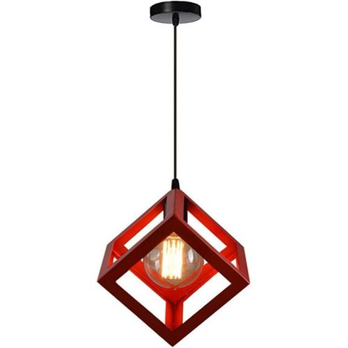 Kal-Suspension Luminaire Industrielle Contemporain, Lustre Abat-Jour Plafonnier En Métal Fer Cage E27 (Cube-Rouge)