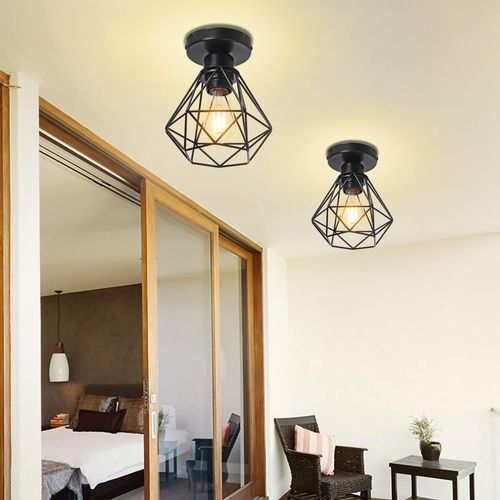 Kal-2 Pack E27 Plafonniers Industrielles Métal Cage Noir Vintage Suspension Forme Diamant Rétro Luminaire D'eclairage (2 Packs -Ø16cm)
