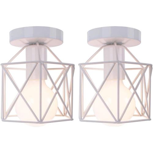 KAL-Retro Plafonnier Industrielle En Métal Carré Fer, Suspension Cage Cube Luminaire E27 Pour Salon Chambre Café Bar Restaurent Entrée Couloir (Lot De 2 Blanc)