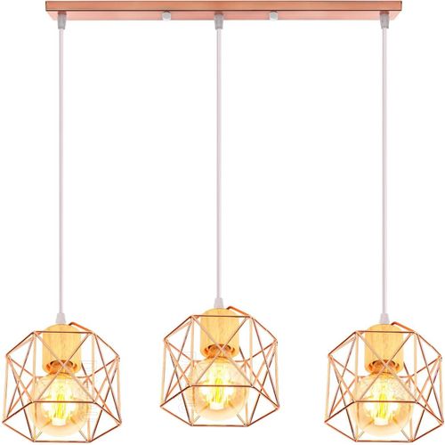 Kal-Suspension Luminaire Industrielle 3 Lampes Vintage E27 Lustre Abat-Jour En Métal Design Pour Salon Chambre Cuisine (Or Rose-Bois-Une Barre)
