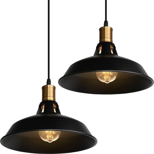 Kal-Suspension Lustre Industrielle Vintage Luminaire Plafonnier E27 Salon Abat-Jour Plafond En Métal Rétro Style Nordique Design Câble Réglable (Noir, 2pcs)