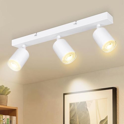 Kal-Spots De Plafond Orientable, Plafonnier 3 Spot Blanc Mat Avec Douille Gu10, Rampe Spots Et Rails De Spots Moderne Pour Cuisine Chambre Salon Couloir Salle À Manger, Sans Ampoules
