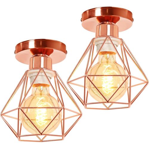 KAL-Plafonnier Industriel Vintage Luminaire E27 Rétro Lustre Suspension Design Métal Cage Ø160Mm Éclairage Plafond Pour Salon Cuisine Chambre (Or Rose-Pl-2)