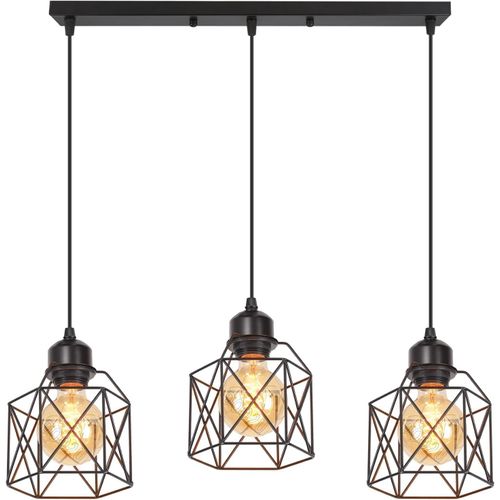 Kal-Suspension Luminaire Industrielle 3 Lampes Vintage E27 Lustre Abat-Jour En Métal Design Pour Salon Chambre Cuisine (Noir-C)