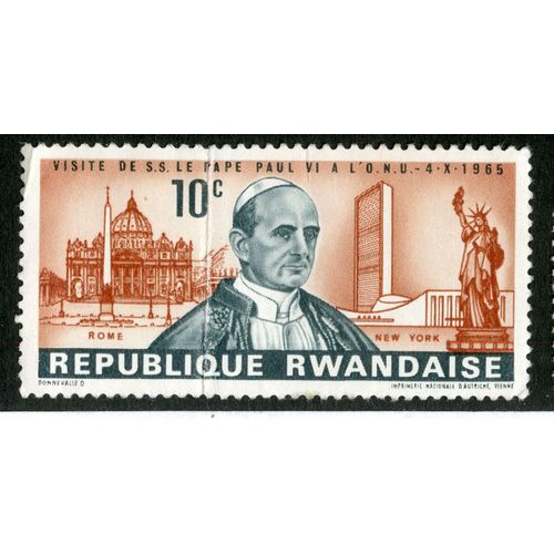 Timbre Non Oblitéré République Rwandaise, Visite De S.S. Le Pape Paul Vi À L'o.N.U - 4.X.1965, 10 C