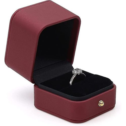 Boîte À Bagues De Fiançailles Rouge Vin, Boîte À Bagues Carrée En Velours Et Cuir, Magnifique Boîte À Bagues Vintage À Fente Unique De Qualité Supérieure Pour Proposition, Mariage, Cérémonie, An