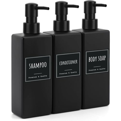 KAL-Distributeur Savon, 3 Pièces 500Ml Flacon Pompe Vide, Distributeur Gel Douche, Distributeur Savon Plastique Avec Etiquettes, Distributeur Savon Noir Mat, Pour Salle De Bain
