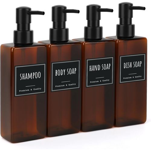 KAL-Distributeur Savon, 4 Pièces 500Ml Flacon Pompe Vide, Distributeur Gel Douche, Distributeur Savon Plastique Avec Etiquettes, Distributeur De Savon Liquide Pour Salle De Bain (Brun)