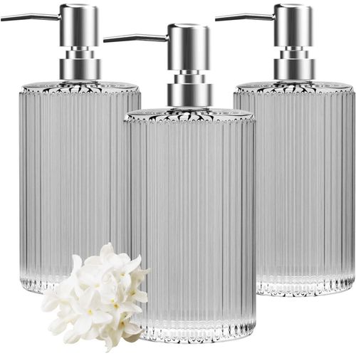 KAL-3P-Clear Lot De 3 Distributeurs De Savon En Verre De 500 Ml Avec Pompe Pour Salle De Bain, Comptoir, Cuisine, Buanderie (Transparent), 17Oz, Claire