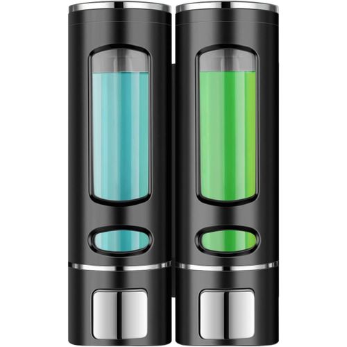 KAL-Double Distributeur De Gel Douche Mural De 400 Ml ¿ Organiseur De Salle De Bain En Plastique Avec Fixation À Vis Et Support Adhésif (Sans Dommage) ¿ Rechargeable Pour La Maison, La Cuisine Et L'H