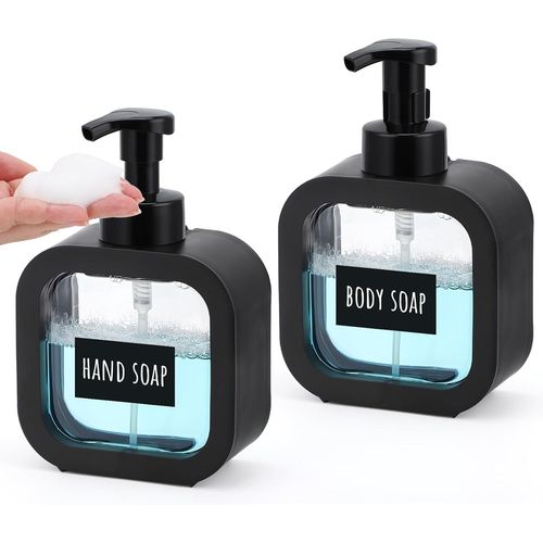 KAL-Distributeur De Savon, 2 Pièces Flacon Pompe Vide 500Ml, Pousse Mousse Distributeur, Contenant Liquide Vaisselle Avec Tête De Pompe En Mousse, Bouteille Savon Avec Etiquettes