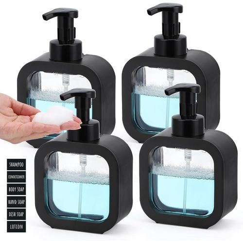 KAL-Distributeur De Savon Mousse, 4 Pièces 500Ml Distributeur Savon Noir, Distributeur Gel Douche En Plastique, Pousse Mousse Distributeur, Bouteille Savon Salle De Bain Avec Etiquettes