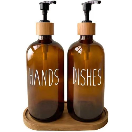 KAL-Distributeur De Savon De Cuisine - 480 Ml - Rechargeable - En Verre - Avec Pompe En Bambou Et Plateau - Pour Cuisine, Salle De Bain - Marron