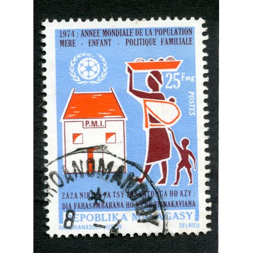Timbre Oblitéré Repoblika Malagasy, 1974 Année Mondiale De La Population Mère Enfant Politique Familiale, Postes 25 Fmg