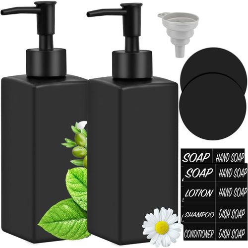 KAL-Lot De 2 Distributeurs De Savon Noir, 350 Ml, Bouteilles En Verre Pour Salle De Bain, Porte-Savon Noir, Convient Pour Cuisine, Salle De Bain, Main, Lavage, Lessive, Distributeur De Savon De