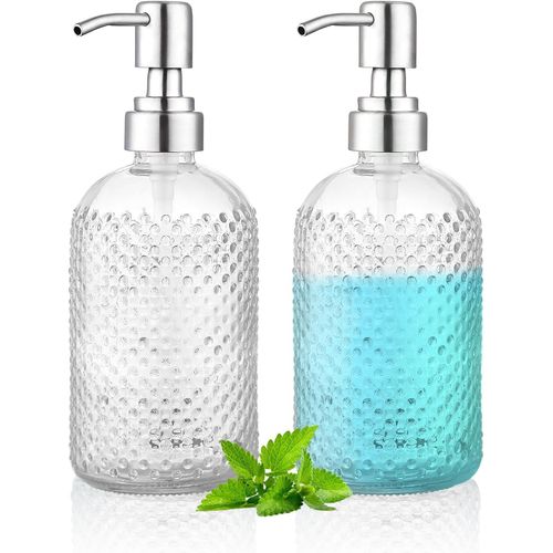KAL-Distributeur De Savon,350 Ml Distributeur De Savon En Pot Transparent Épais 2 Pièces Avec Pompe En Acier Inoxydable, Distributeur De Savon De Cuisine De Salle De Bain Rechargeable