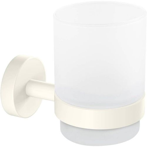 KAL-® Moon White Gobelet Porte Brosse À Dents En Verre Satiné Avec Support, Blanc Mat - Salles De Bains Modernes Et De Style Industriel - Sans Perçage - 96 Mm X 70 Mm X 109 Mm