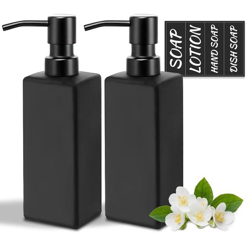 KAL-Distributeur De Savon En Verre Noir Mat Avec Pompe En Métal, Distributeurs De Savon À Main Carrés De 350 Ml Pour Cuisine Et Salle De Bain, Distributeur De Savon Liquide Rechargeable, Lot De 2