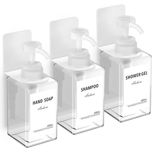 KAL-3 Pièces Distributeur De Savon 450Ml, Distributeur De Pompe À Presser Mural Avec 16Pcs Étiquettes No Perçage Pour Cuisine Et Salle De Bain - Transparent