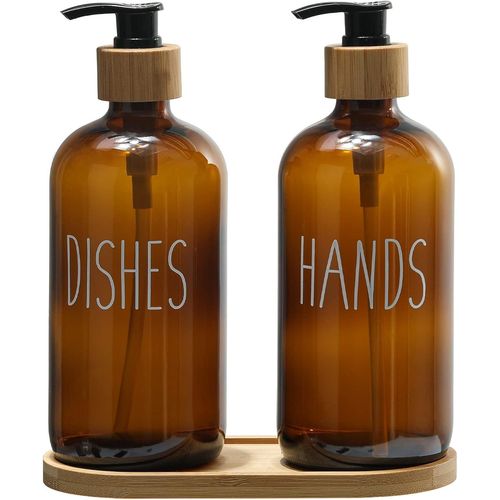 KAL-Lot De 2 Distributeurs De Savon En Verre Pour Évier De Cuisine, Distributeur De Savon Pour Salle De Bain Avec Pompe En Bambou Et Porte-Savon, Décoration D'Intérieur De Ferme (Amber)