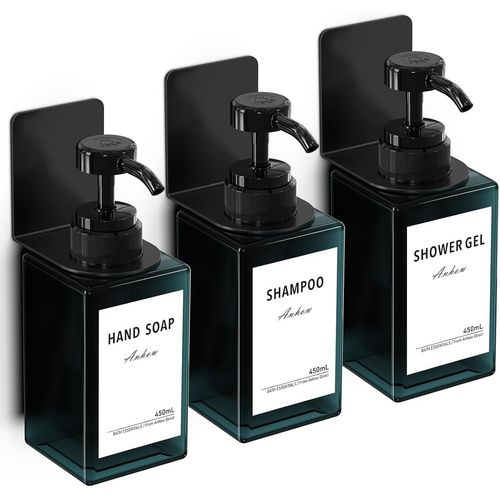 KAL-3 Pièces Distributeur De Savon 450Ml, Distributeur De Pompe À Presser Mural Avec 16Pcs Étiquettes No Perçage Pour Cuisine Et Salle De Bain - Bleue