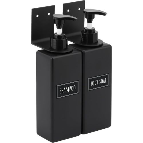KAL-Distributeur Gel Douche Mural, 2 Pièces 500Ml Porte Savon Liquide Mural, Flacon Pompe En Plastique, Pour Salle De Bain (Noir Mat)