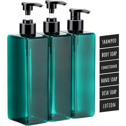 KAL-Bouteilles De Shampoing, Lot De 3 À Pompe Vides De 500 Ml, Distributeur De Savon En Plastique Rechargeable Avec Étiquettes Autocollantes Étanches Pour Cuisine Salle De Bain, Vert D'Eau