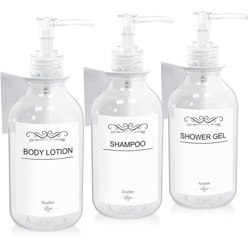 KAL-Lot De 3 Distributeurs De Savon Mural - 300 Ml - Distributeur De Savon Mural Transparent - Sans Perçage - En Plastique - Avec Entonnoir Et Étiquettes Étanches - Pour Cuisine, Salle De Bain