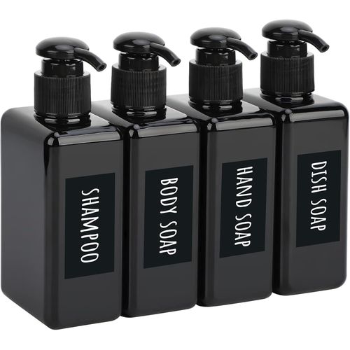 KAL-Distributeur De Savon Carrée, 4 Pièces 200Ml Rechargeable Lotion Bouteille De Shampoing, Avec Étiquette Imperméable Et Manuscrite, Flacon Pompe Pour Gel Douche, Savon Pour Les Mains- Noir