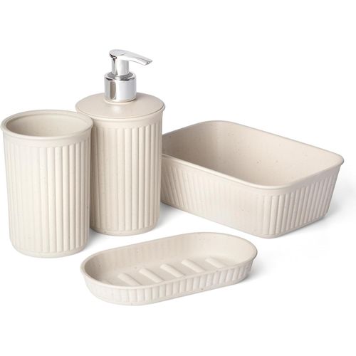 KAL-Lot De 4 Bureaux De Salle De Bain (Avec Distributeur De Savon + Porte-Savon + Organisateur A6) Baobab Ecohome, En Polypropylène Sans Bpa, Plastique 100% Recyclé, Beige