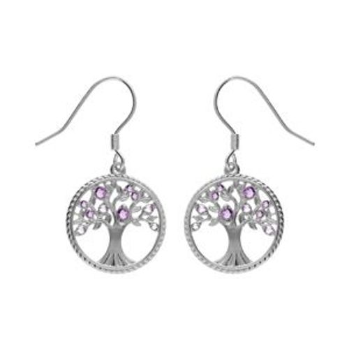 Boucles D'oreilles Dormeuse Argent Rhodié Arbre De Vie Contour Perlé Avec Oxydes Violet
