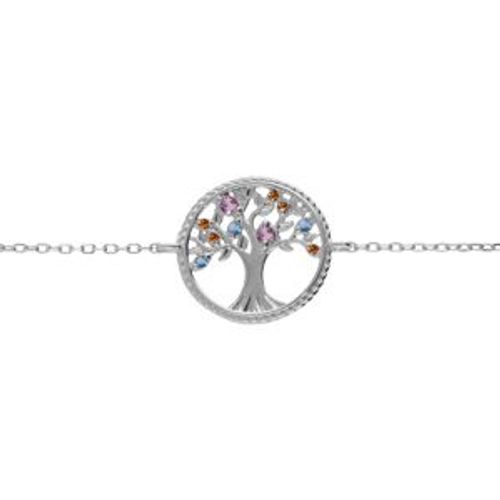 Bracelet Argent Rhodié Arbre De Vie Contour Perlé Avec Oxydes Multi Couleurs 16+2cm