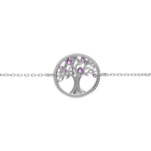Bracelet Argent Rhodié Arbre De Vie Contour Perlé Avec Oxydes Violet 16+2cm