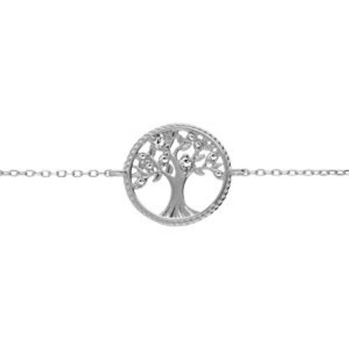 Bracelet Argent Rhodié Contour Perlé Arbre De Vie Avec Oxydes Blancs 16+2cm
