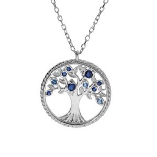 Collier Argent Rhodié Pendentif Arbre De Vie Contour Perlé Avec Oxydes Degradé Bleu 42+3cm