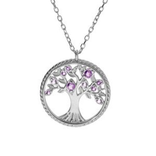 Collier Argent Rhodié Pendentif Arbre De Vie Contour Perlé Avec Oxydes Violet 42+3cm