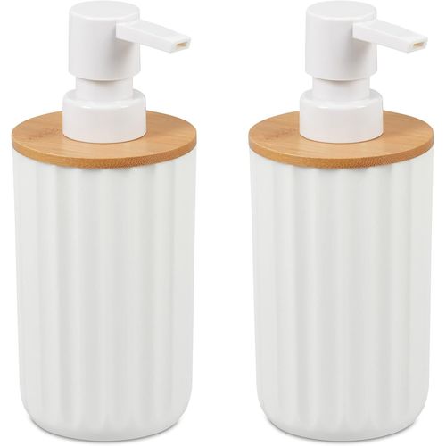 KAL-2 X Distributeurs De Savon, Porte-Savon Pompe, Rechargeable, Distributeur, Bambou Plastique, Salle De Bain, Blanc/Nature
