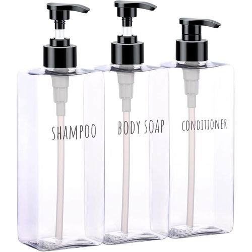 KAL-Distributeur De Savon Transparent Plastique, 3 Pièces 500Ml Rechargeable Bouteille De Shampoing Avec Étiquette, Flacon Pompe Vide Pour Bain, Hôtel
