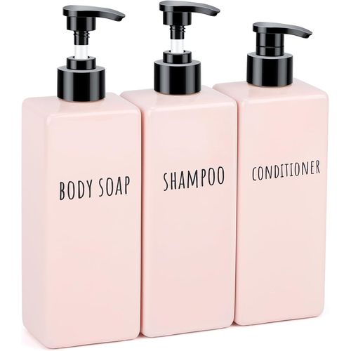 KAL-Distributeur Savon, 3 Pièces 500Ml Distributeur Gel Douche, Soap Dispenser En Plastique, Flacon Pompe Avec Étiquette Imprimée, Bouteille Shampoing Vide Pour Salle De Bain (Rose)