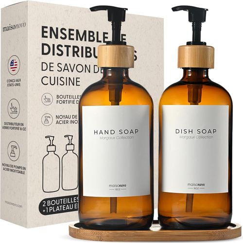 KAL-Lot Distributeur Liquide Vaisselle \U2013 Distributeur Savon Verre Avec Pompe - Pompe Noir Bambou Ambré 500 Ml - Distributeur Savon Salle De Bain - Lot De 2 Avec Plateau