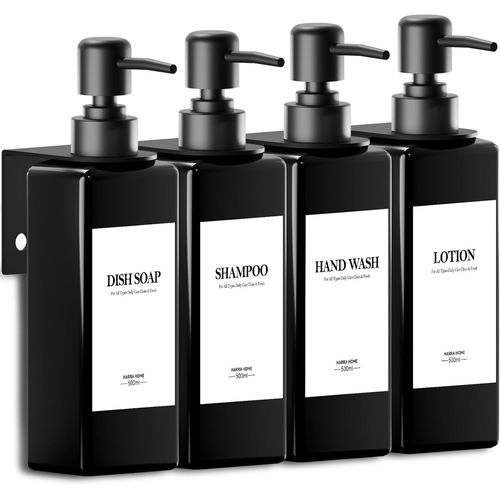 KAL-4 Pièces Distributeur De Savon Mural, 500Ml Noir Distributeur Savon Douche Sans Percage Avec Entonnoir Et Étiquettes Tridimensionnelles Étanches Pour La Salle De Bain, La Cuisine