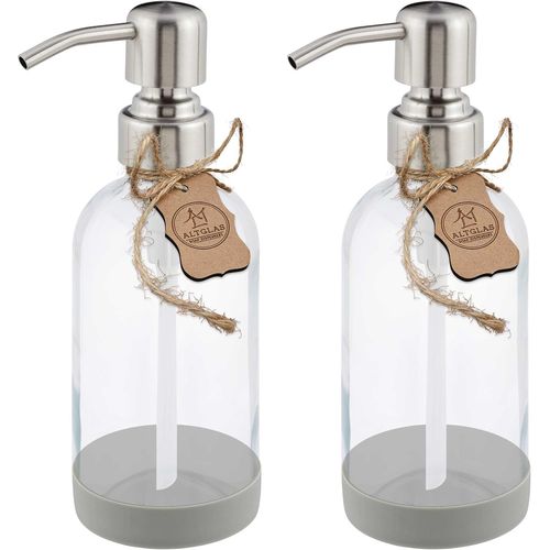 Kal-Distributeur De Savon Liquide 'sarajevo' En Verre Transparente Avec Sous-Verre En Silicone - 2 Pièces Bouteille De 250 Ml Avec Pompe En Acier Inox Argent Brossé